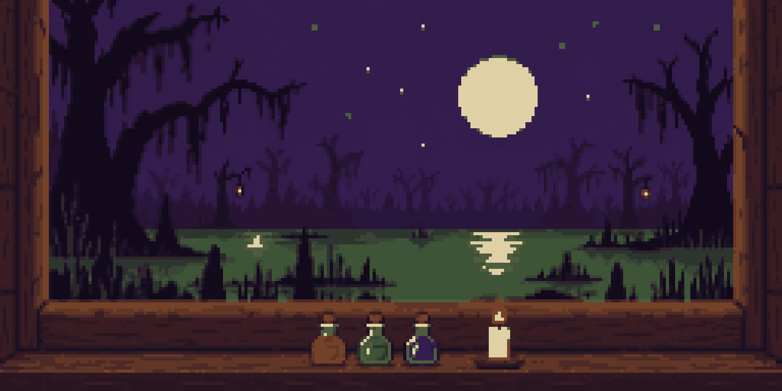 The swamp through the hut window at night
