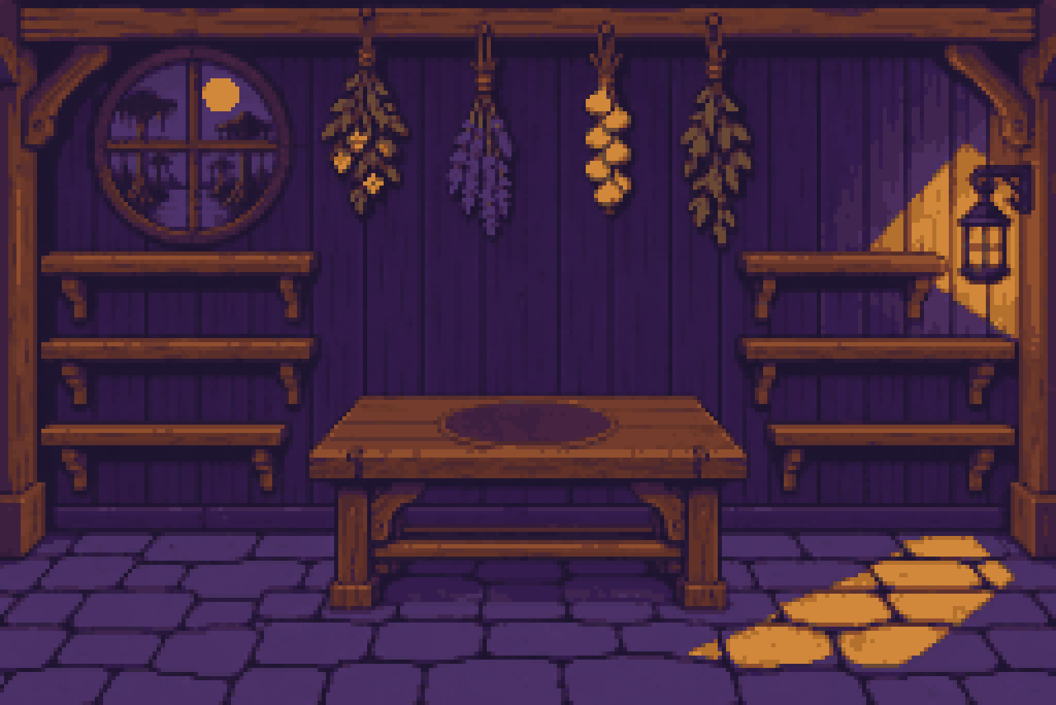 The witch hut at night: shelves, a table and the cauldron
